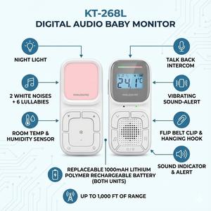 Monitor de Audio Inalámbrico de 300 Metros de Alcance, Sin Interferencias, con Alerta Sonora por Vibración, 6 Canciones de Cuna, Máquina de Ruido Blanco para Dormir Bebés - Product Image 2