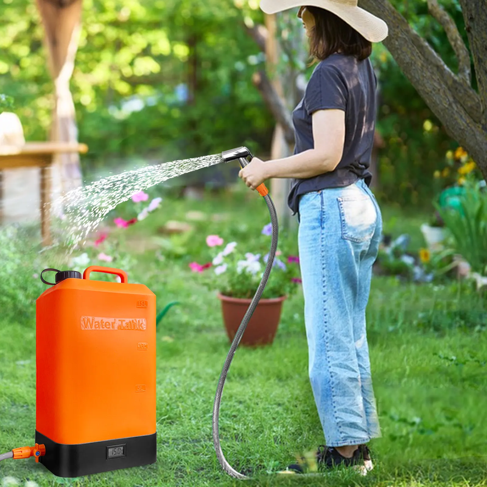 Ducha portátil al aire libre Tanque de agua de silicona de 4,5 galones Alimentado por batería y con pantalla de temperatura Calefacción solar, fácil de llevar