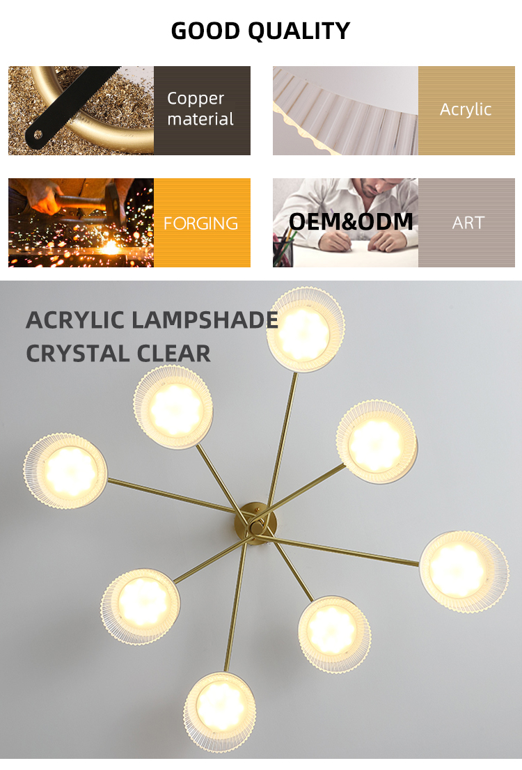 Modern Nordic Style 8 Lights Charataristic Acrylic PMMA Copper Frame Chandeliers Pendant Lights