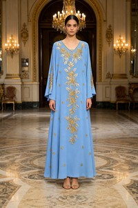 Robes Kaftan Col V Coupe Évasée Luxe Modeste Robe de Soirée Manches Longues Broderie Dorée Perles Chiffon Kaftan pour Mariage et Fêtes - Product Image 4