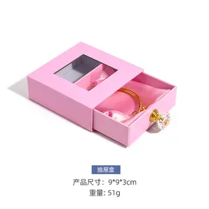 Gaveta material de papel para embalagem de joias, caixa com alça de cristal, colar deslizante, gaveta para presente, papelão estampado rosa