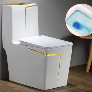 Modern Hot Sale Hotel Bathroom Freestanding Ceramic White Toilet with Gold Trim One Piece Toilet