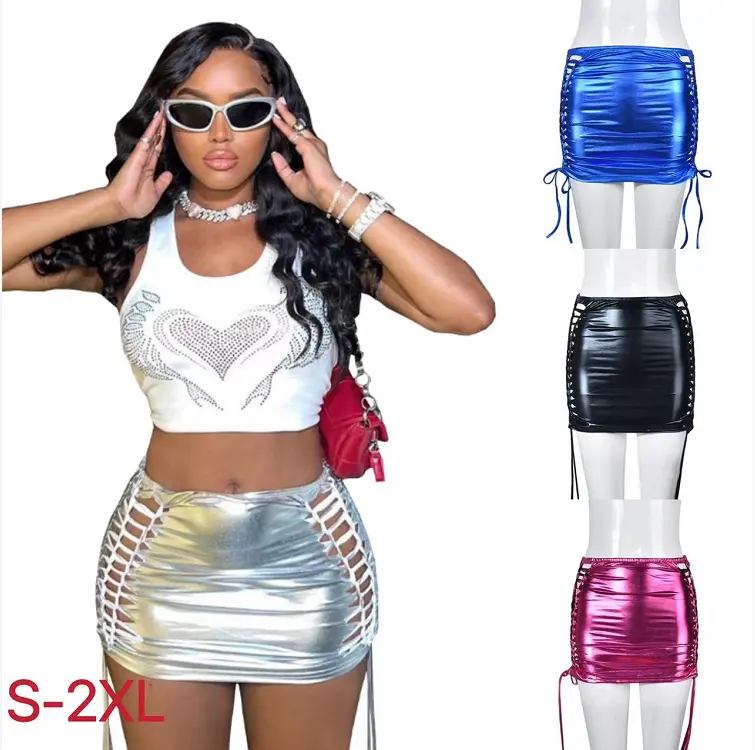 Boutique women's clothing Y2K bling skirt 2022 fall hollow out bandage dress skirt sexy club stretch Metallic Silver mini skirt