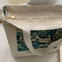 Tas kanvas katun tebal klasik awan Gogh Van paling hidup gaya populer dengan ritsleting tas Tote belanja bahu tunggal