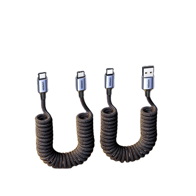 Spring-Type Coiled USB-A Type-C 3A Fast Charging Cable Retractable Braided Car-Play Data Cord Made in Guangdong