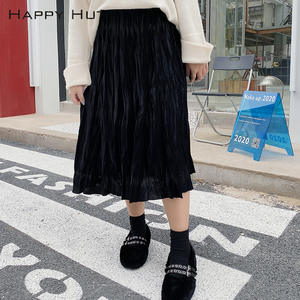 Falda Midi Plisada de Terciopelo para Mujer Talla Grande Happy Hut, Cintura Elástica, Color Negro Café N7891, Poliéster Sólido - Product Image 4