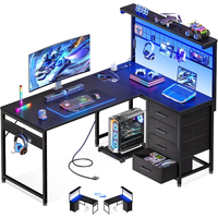 Bureau de jeu d'angle en forme de L moderne de 43 pouces avec étagère / port USB / prise de courant Lumière LED RVB réversible Bureau d'ordinateur avec tiroirs