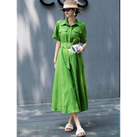 Robe longue élégante vintage en lin de couleur menthe pour femme, col polo, taille ajustée, amincissante, idéale pour le bureau et les trajets quotidiens, été