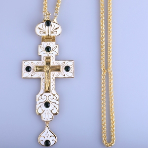 Cruz Pectoral rusa, esmalte blanco de marfil chapado en oro con piedras de cristal de aleación, Iglesia Griega y coreana - Product Image 1