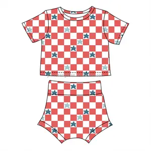 2023 जुलाई 4th जांच पैटर्न बच्चे को लड़कियों के कपड़े सेट दूध रेशम कपड़े लघु आस्तीन टी शर्ट में सबसे ऊपर और Bummies सेट संगठन