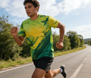 T-shirt de sport à manches courtes personnalisé, respirant, à séchage rapide, imprimé par sublimation, coloré, pour la course à pied, le fitness, le marathon - Product Image 5