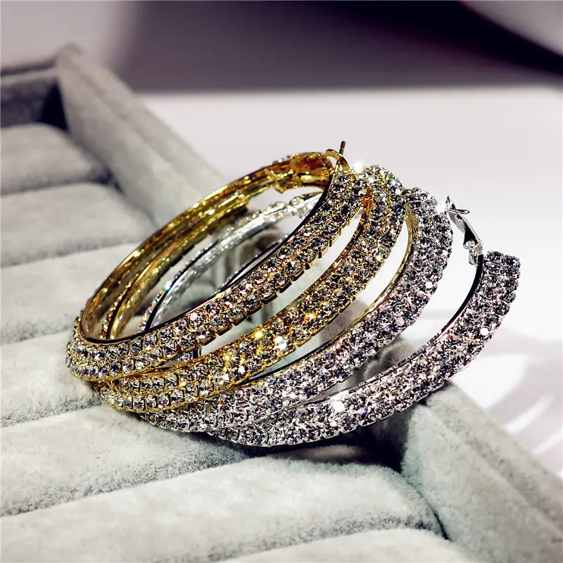 Модные дизайнерские серьги 30-70 мм, двухрядные, полностью алмазные обручи, большие обручи, фирменные серьги