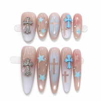 Faux Ongles de Luxe Faits Main à Presser, Dégradé Bleu Éthéré, Breloques Croix Argentées Vintage, Design Étoile 3D, Réutilisables, Vente en Gros