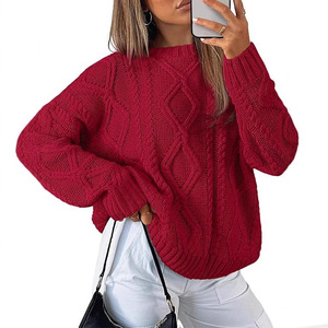 Suéter Casual <span class=keywords><strong>de</strong></span> <span class=keywords><strong>Punto</strong></span> para <span class=keywords><strong>Mujer</strong></span>, Estilo Europeo Americano, Color Sólido, Holgado, Cuello Redondo, Tejido <span class=keywords><strong>de</strong></span> Cable - Product Image 5