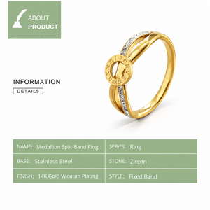 Anillo de Acero Inoxidable en Tono Dorado con Circonita, Chapado al Vacío en Oro de 14K, Medallón con Números Romanos y Banda Dividida - Product Image 2