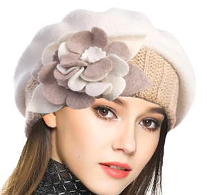 Béret en laine 100% pour femme, chic, à motif floral, chaud, en feutre, style artiste, pour l'hiver - Product Image 4
