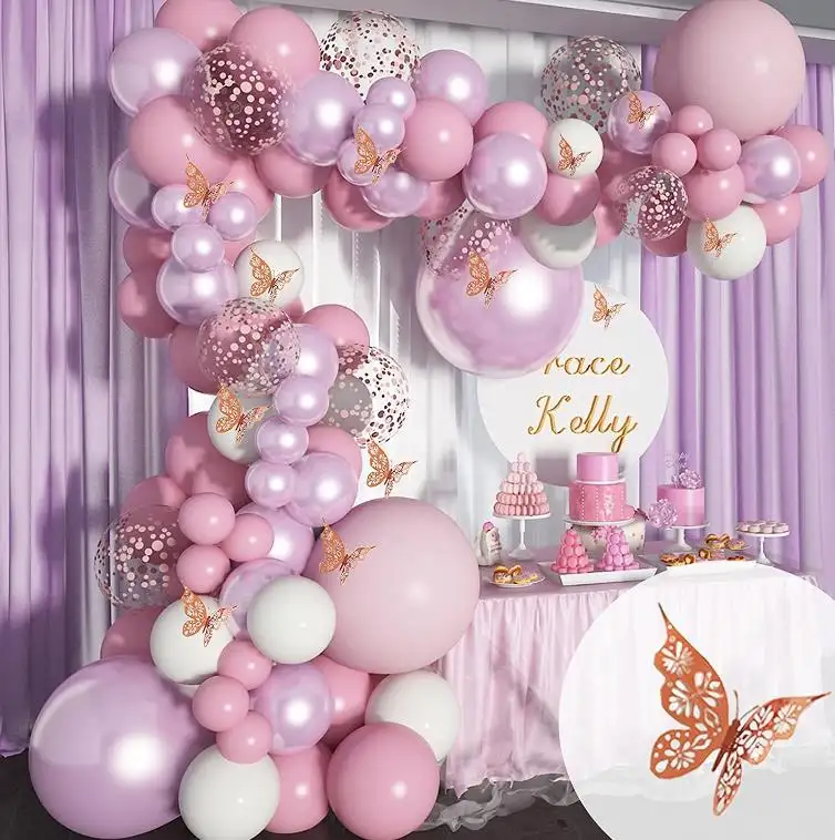 140 pcs Pink Balloon Garland Lilac Purple Chrome Confetti Balloon arch kit Wedding party balloons With Butterfly Stickers