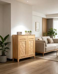 Mueble moderno de madera para guardar zapatos con puertas con persianas y estante abierto, diseño de mediados de siglo, mueble para la entrada. - Product Image 4