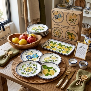 Juego de Platos de Cerámica Sicilianos al por Mayor, Vajilla de Porcelana Vintage con Calcomanía de Flores de Limón para Bodas, Restaurantes y Fiestas, Venta al por Menor - Product Image 6