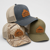Casquette de baseball trucker en cuir avec patch logo montagne personnalisé, dos en maille beige, réglable, pour homme et femme, idéale pour la chasse en extérieur