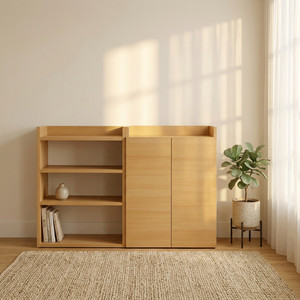 Librería de Diseño Contemporáneo en Madera Natural con Estantes Abiertos y Puertas <span class=keywords><strong>Cerradas</strong></span> <span class=keywords><strong>para</strong></span> Sala de Estar y Oficina en Casa - Product Image 2