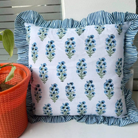 Housse de coussin vintage en coton indien imprimé à la main avec volants, housses de coussin à volants imprimées à la main, coussins bohèmes 16x16 18x18 20x20