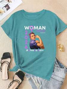 T-shirt élégant pour femme, col rond, manches courtes, imprimé Journée internationale de la femme 2032, style vintage, coupe classique, tissu jersey - Product Image 3
