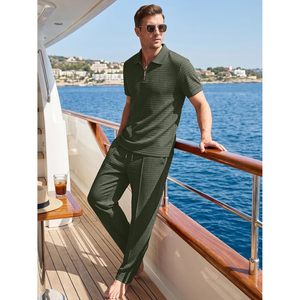 FOXA Mens <b>Waffle</b> Polo <b>Shirt</b> And Pants Set Breathable Casual Loungewear Summer Outfit For Men - Product Image 6