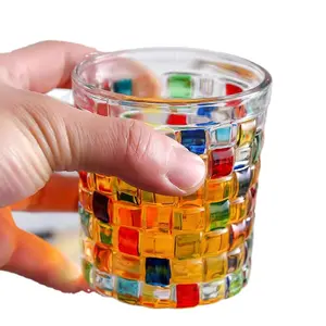 Atacado copo de vidro tecido copo antigo pintado à mão quadrado grade vertical padrão DIY suco copo italiano cor pintura