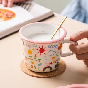 Copo de cerâmica para bebidas, canecas de café, leite e água com tampa para presente, com alça infantil, padrão de desenho animado para escritório doméstico