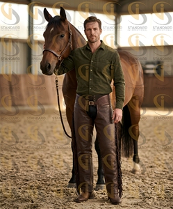 Pantalones de equitación de cuero marrón premium con flecos laterales, paneles repujados, cintura con hebilla y aberturas en las piernas con cremallera - Product Image 2