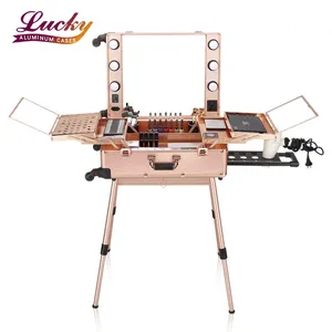 Rolling Makeup Case Train Make Up Trolley Vanity Cosmetic Organizer Mirror Light