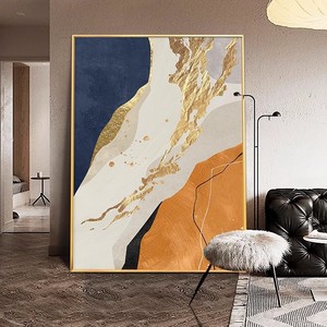 Peinture à l'huile abstraite, orange, or, bleu, cadre métallique, art contemporain, grande décoration murale pour entrée, salon, fond de canapé - Product Image 5
