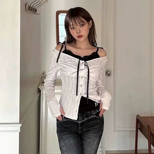 Blusa de Manga Larga con Lazo Estilo Coreano, Nueva Colección Primavera-Otoño 2026, Diseño de Dos Piezas Falsas, Ropa Casual para Mujer - Product Image 4