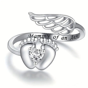Bague en cuivre ouverte avec zircone cubique, motif 'MAMAN <span class=keywords><strong>d</strong></span>'un ANGEL' et empreinte de pied de bébé, aile <span class=keywords><strong>d</strong></span>'<span class=keywords><strong>ange</strong></span>, gravure créative, cadeau pour jeune maman - Product Image 5