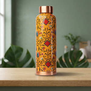 Thermos en métal à motif oriental, bouteille d'eau portable de voyage avec couvercle, garniture en cuivre, design jaune - Product Image 2