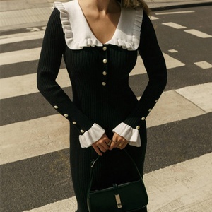 Robe longue maxi élégante et ample pour femme, style rétro, à volants, tricotée, manches longues, coupe droite, style vintage, automne-hiver, personnalisable OEM - Product Image 5