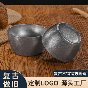 Tazones de arroz retro de acero inoxidable 304, color gris copo de nieve, redondos y cuadrados, de doble capa, aislantes del calor, para sopa y condimentos, para uso doméstico. - Product Image 4