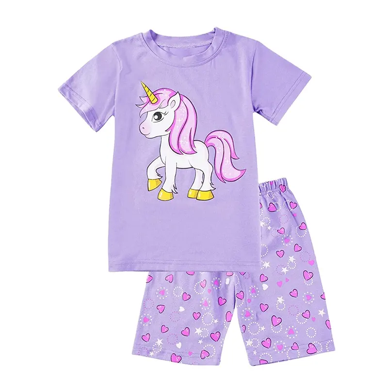 Custom cartoon printed design short sleeve nightwear kids cotton pajamas girls sleepwear