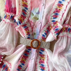 यूरोब्रांड एथनिक स्टाइल बिग स्विंग प्रिंट ड्रेस बेल्ट बटन लैंटर्न स्लीव्स रफल्स ड्रेस महिला स्वभाव ए-लाइन प्रोम ड्रेस - Product Image 5