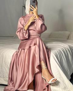 Sharut 2025 son toptan Eid Dubai mütevazı müslüman yüksek bel zarif fırfır uzun Maxi elbise saten müslüman kadınlar Abaya elbise - Product Image 2