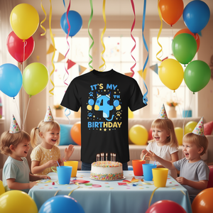 T-shirt blu per il quarto compleanno di Blue Dog per bambini, manica corta, girocollo unisex, stampa digitale, abbigliamento da festa - Product Image 2