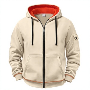 Sudadera con Capucha para Hombre, Color Beige Sólido, con Cierre, Forro Naranja y Bolsillo Delantero, Ropa Casual de Invierno, Impresión Digital - Product Image 1