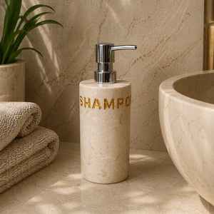 Distributeur de savon liquide en marbre beige de Bali - Design moderne, pompe à mousse, diamètre 8 cm, hauteur 15,5 cm, utilisation hôtelière, lot de 4 pièces - Product Image 1