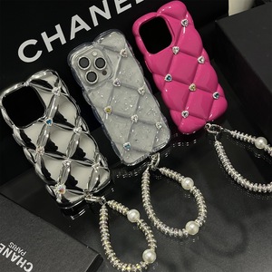 Diseñador de lujo Glitter Diamond Puffer Phone Strap Chain Cover para iPhone 16 <span class=keywords><strong>Pro</strong></span> Max 15 <span class=keywords><strong>Pro</strong></span> <span class=keywords><strong>13</strong></span> 14 Plus 11 12 Electroplate - Product Image 1