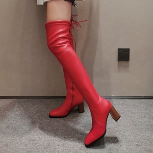 Botas altas de tacón grueso y cuadrado para mujer, ajustadas, con cremallera lateral, parte superior de PU, por encima de la rodilla - Product Image 4