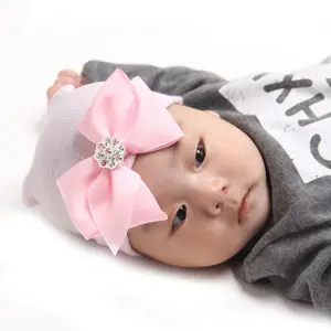 Unisex Cute Newborn Baby Girl cotton hats with grosgrain ribbons Comfy diamond Bowknot Hospital Beanie Hat