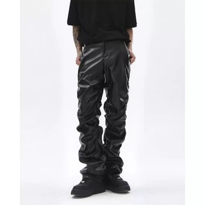 Wholesale Custom Black <b>Leather</b> Motorcycle Pants <b>for</b> <b>Men</b> High Street Style Slim Fit Pleated Bottom <b>Men's</b> <b>Trousers</b> - Product Image 1