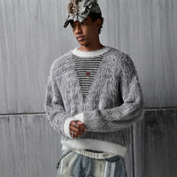 Herren Atmungsaktiver Pullover Rundhals Übergroßer Schnitt Gestreiftes Muster Warmer Mohair-Strick Rückenlogo Herbst Winter