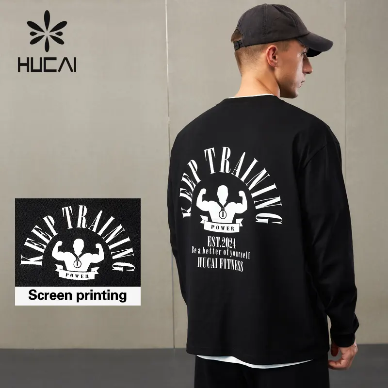 HUCAIOEMカスタムロゴメーカー綿100% ヴィンテージスクリーン印刷ヘビー級スポーツジムスウェットシャツ